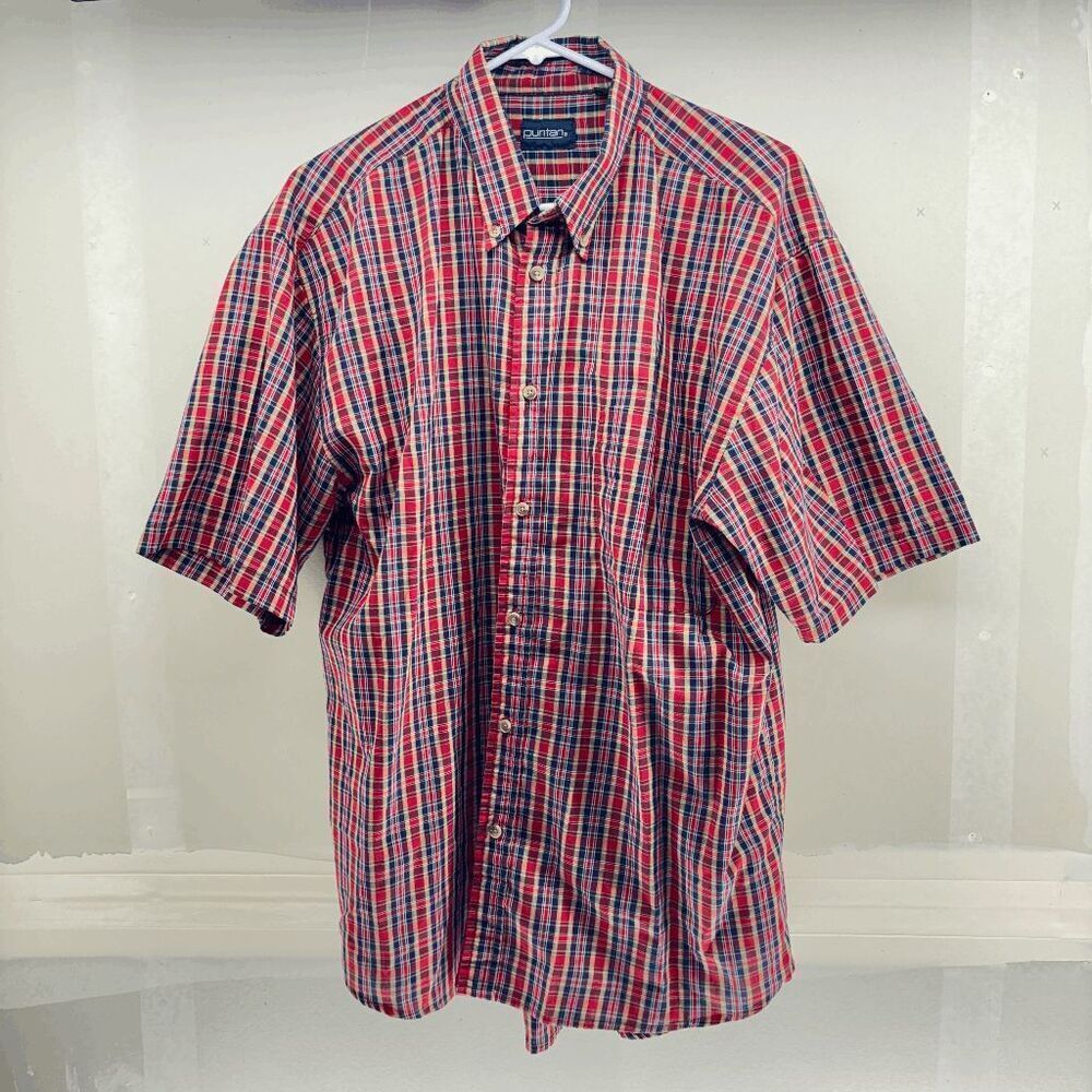 Puritan Mens Red Blue Plaid Short Sleeve Chest Pocket Button-Up Shirt Size Large